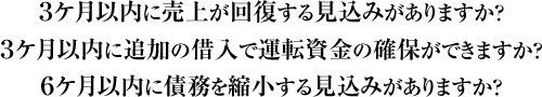 3ケ月以内に売上が回復する見込みがありますか？3ケ月以内に追加の借入で運転資金の確保ができますか？6ケ月以内に債務を縮小する見込みがありますか？